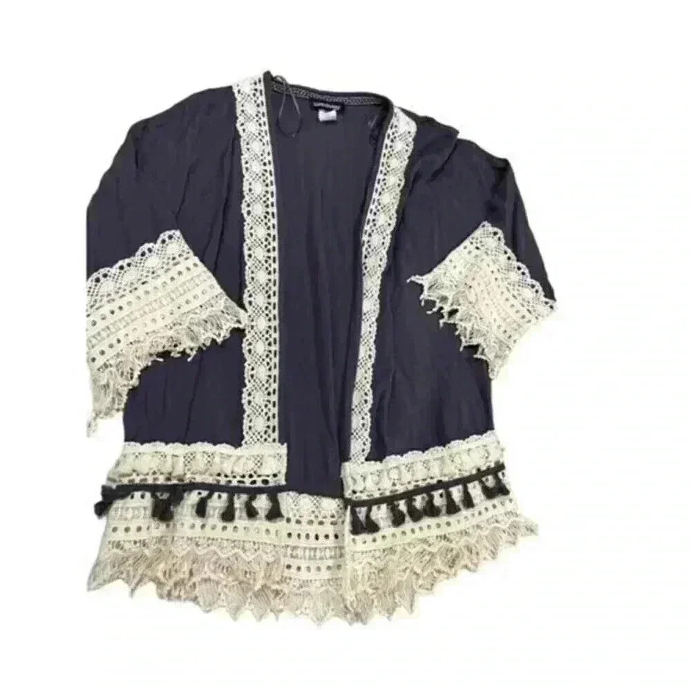 Weavers Quarter Sleeve Fringed Kimono Grey/Cream Women's Size XS